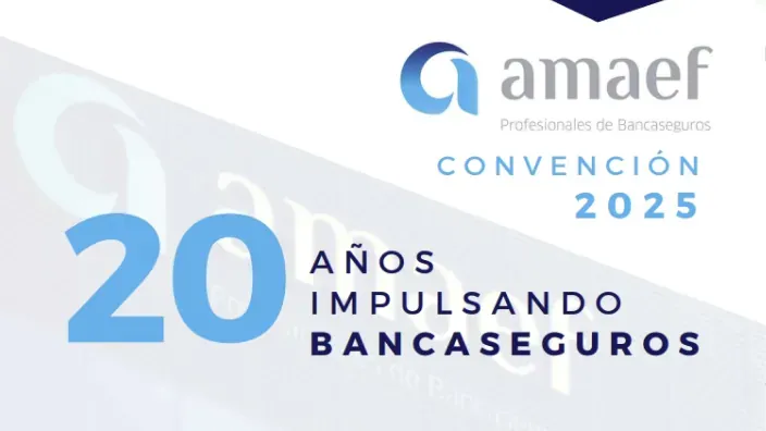 Cartel oficial de la Convención 2025 de Amaef celebrando sus 20 años impulsando el modelo bancaseguros en España.