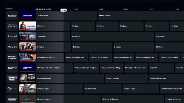 Guía de programación de Amazon Freevee con canales y contenido en emisión en directo.