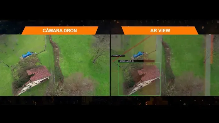 Comparativa entre imagen de cámara de dron y vista con realidad aumentada identificando infraestructuras en zona rural.