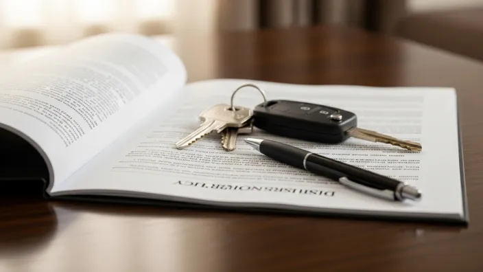 Llaves de coche y casa sobre un documento o contrato abierto, junto a un bolígrafo.