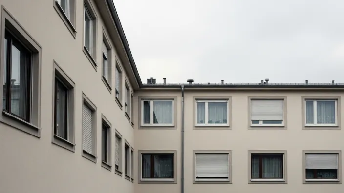 Fachada de un edificio de apartamentos moderno con muchas ventanas y persianas bajadas en un día nublado.