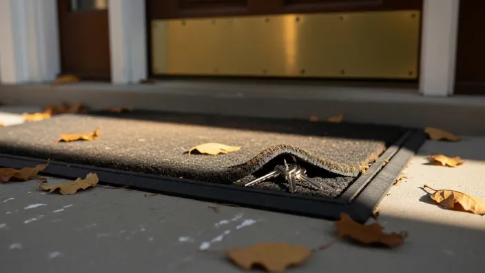 Llaves de casa escondidas debajo de un felpudo en la entrada, rodeado de hojas de otoño.
