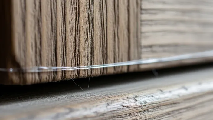 Primer plano macro de un hilo de pegamento transparente sobre una superficie de madera.
