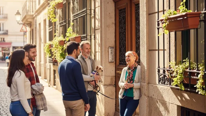Grupo de vecinos de varias edades charlando amistosamente con una mujer mayor en la puerta de su casa.