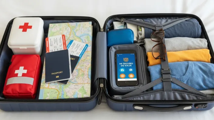 Maleta abierta con pasaporte, botiquín y un móvil con la app del seguro, todo listo para unas vacaciones seguras.