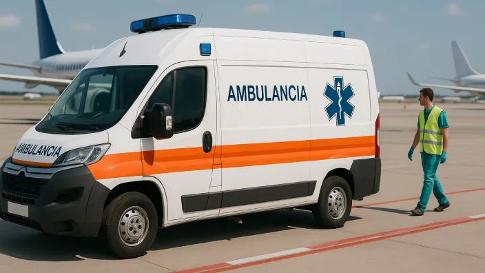 Ambulancia en la pista de un aeropuerto para una repatriación o traslado médico cubierto por un seguro de viaje.