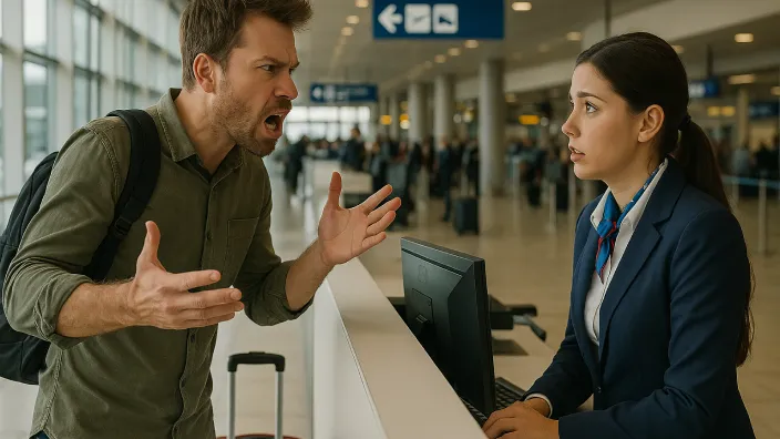 Pasajero enfadado reclamando en un mostrador por un problema con su vuelo, una incidencia cubierta por el seguro de viaje.