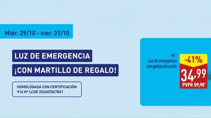 Anuncio en el catálogo de Aldi con información de venta de la baliza v16 con cobertura Orange.