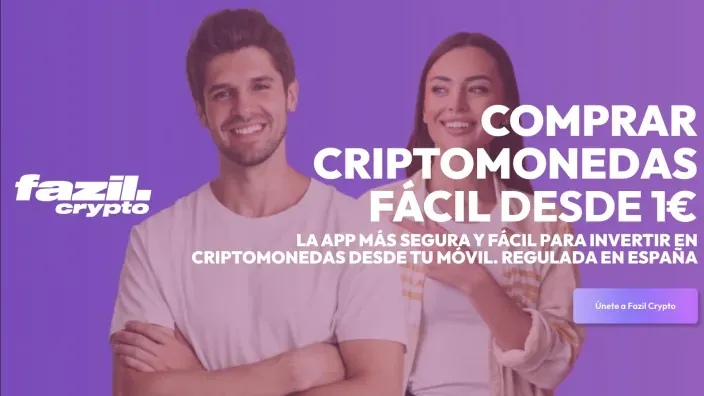 Anuncio de Fazil Crypto con dos personas y texto sobre compra de criptomonedas