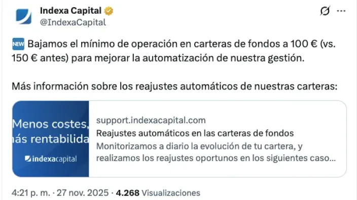 Tweet de Indexa Capital anunciando la bajada de la inversión mínima en carteras de fondos a 100€ el 27 de nov. de 2025.