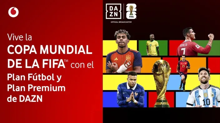 Anuncio de Vodafone sobre la Copa Mundial de la FIFA con referencia a los planes Fútbol y Premium de DAZN
