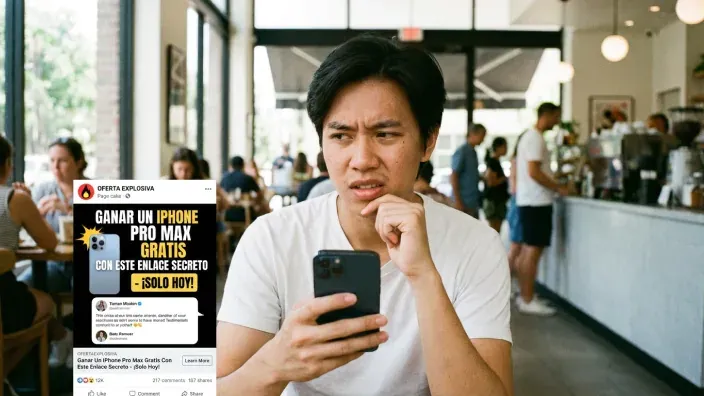 Joven mirando con sospecha una oferta falsa en el móvil para ganar un iPhone Pro Max gratis.