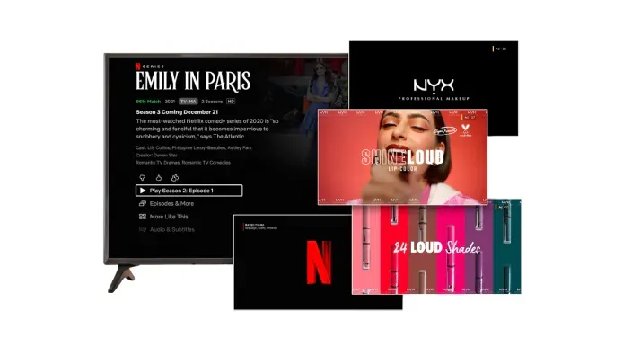 Ejemplo de publicidad en Netflix: un anuncio de maquillaje NYX junto a la interfaz de la serie Emily in Paris.