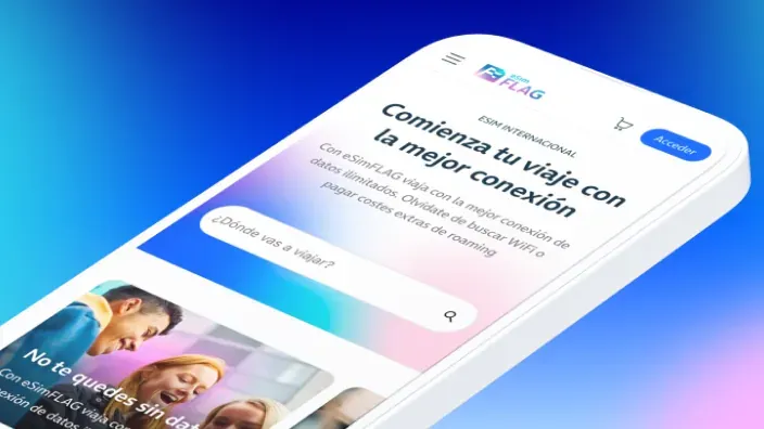 Pantalla de aplicación eSIM internacional con mensaje “Comienza tu viaje con la mejor conexión” en un smartphone.