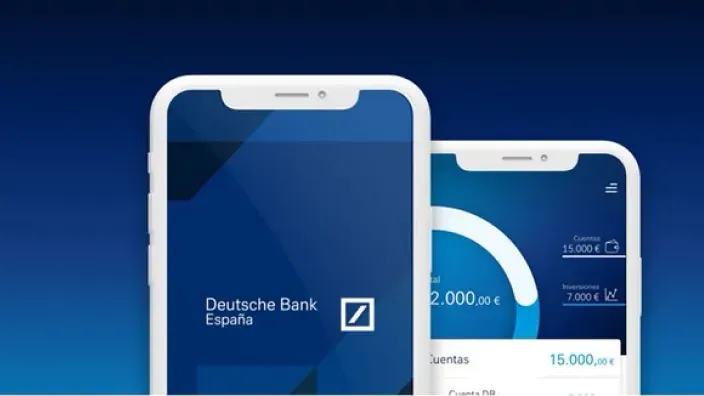 Vista de la aplicación móvil de Deutsche Bank España en la pantalla de dos smartphones.