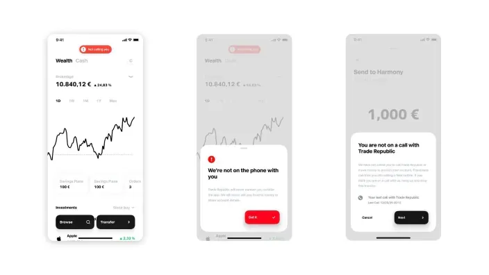 App de inversión con alerta antifraude y verificación de llamadas para proteger transferencias y cuentas bancarias.