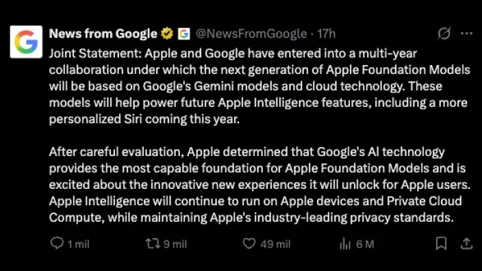 Tuit oficial de Google anunciando colaboración con Apple para integrar Gemini en Siri.