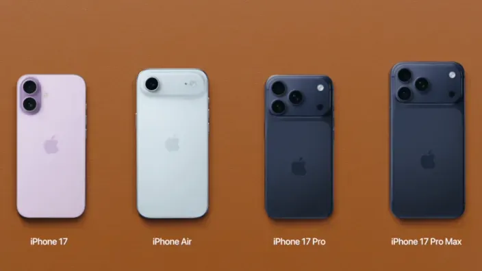 Gama de iPhone 17 mostrando los modelos iPhone 17, iPhone Air, iPhone 17 Pro y iPhone 17 Pro Max vistos por la parte trasera.
