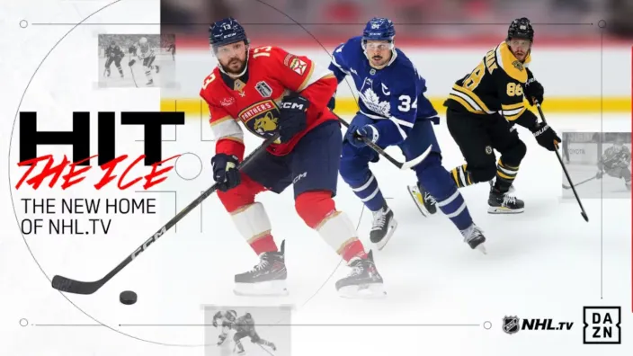 Gráfico promocional de DAZN como nueva casa de NHL.TV, con un collage de jugadores de hockey sobre hielo en acción.