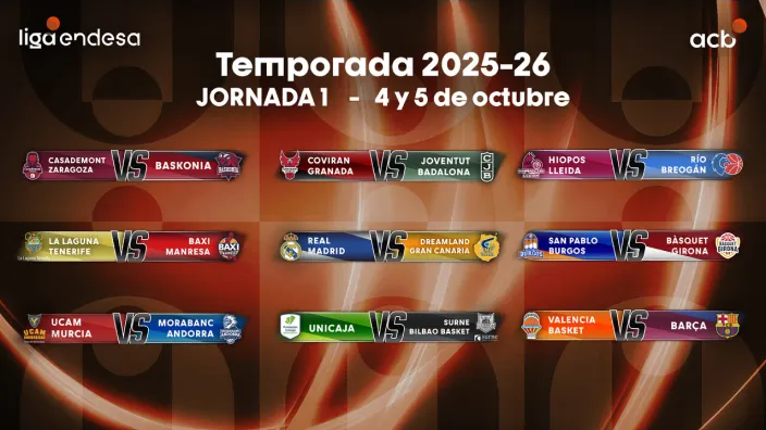 Calendario de partidos de la Jornada 1 de la Liga Endesa para la temporada 2025-26, destacando el Valencia Basket vs Barça.