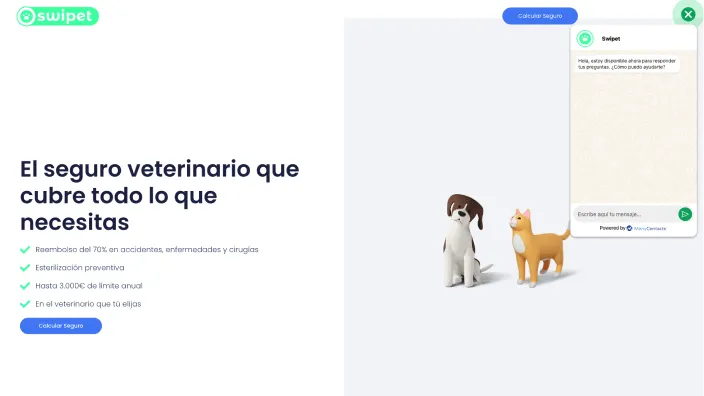 Página web del seguro veterinario Swipet, mostrando sus coberturas y un chat de atención al cliente.