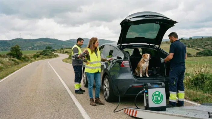 Asistencia en carretera recargando batería de coche eléctrico averiado con cargador portátil.