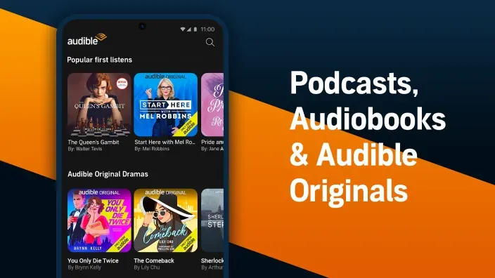 Anuncio del catálogo de Audible: podcasts, audiolibros y Audible Originals.
