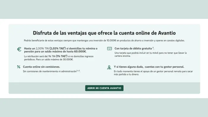 Beneficios de la cuenta online Avantio de Banca March sin comisiones y con tarjeta de débito gratuita.