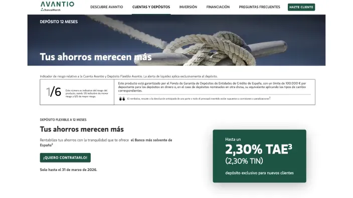 Oferta de depósito Avantio de Banca March al dos con treinta por ciento TAE para el ahorro de nuevos clientes.