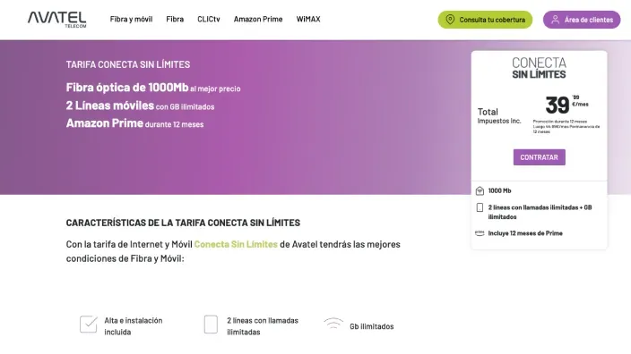 Tarifa Conecta Sin Límites de Avatel Telecom con fibra óptica de 1000Mb y dos líneas móviles con datos ilimitados.