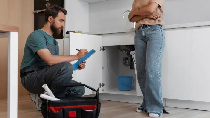Fontanero reparando avería bajo el fregadero de la cocina mientras la propietaria espera.