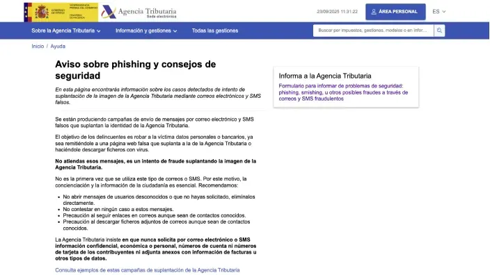 Captura de la web de la Agencia Tributaria con su aviso sobre phishing y consejos de seguridad para evitar estafas y fraudes online.