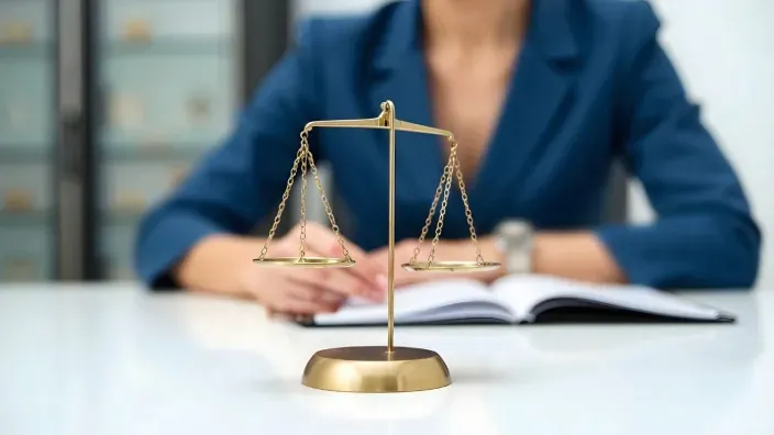 Balanza de la justicia sobre una mesa con una abogada al fondo, representando la defensa jurídica.
