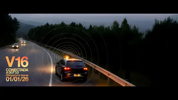 Infografía explicando la baliza V16 conectada a DGT 3.0 obligatoria desde enero de 2026.