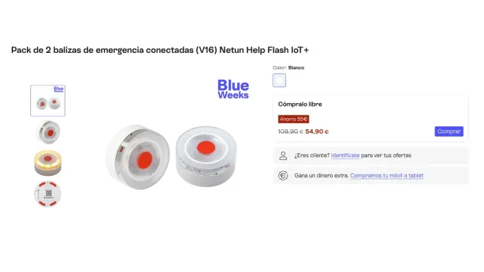 Página de compra del pack de 2 balizas de emergencia V16 conectadas Netun Help Flash IoT+. Oferta Blue Weeks.