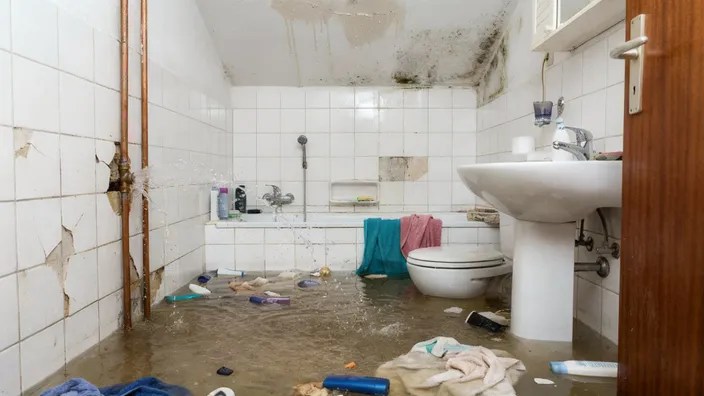 Baño inundado por la rotura de una tubería, con agua saliendo a presión y daños visibles en paredes y suelo.