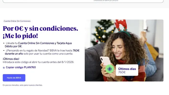 Oferta Cuenta Online BBVA por 0€ con regalo de hasta 760€ en Navidad usando el código PLAN760.