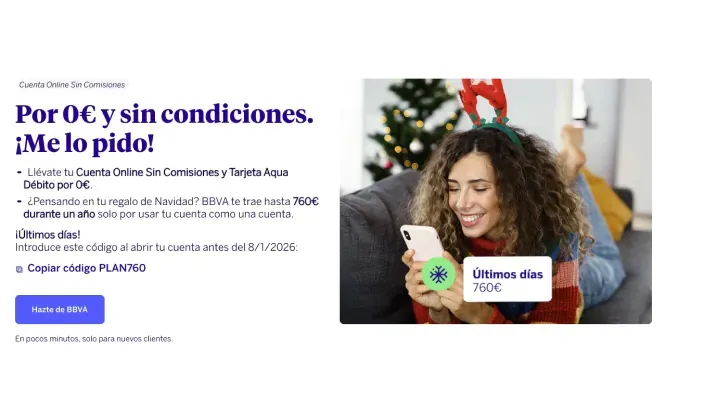 Campaña Navidad BBVA Cuenta Online regalando hasta 760€ al año por recibos y nómina.