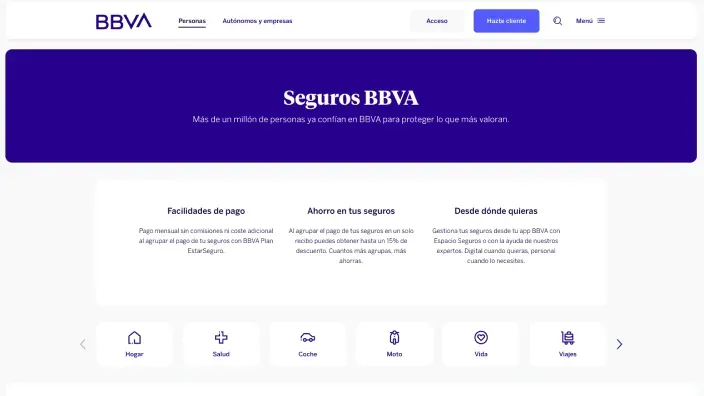 Web de Seguros BBVA con opciones para hogar salud coche moto vida y viajes con facilidades de pago.
