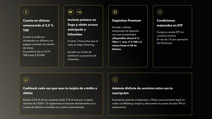 Panel informativo con ventajas de cuenta remunerada en dólares al 2,5% TAE, depósitos premium y cashback con tarjeta.