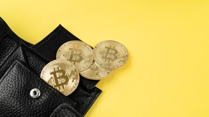 Cartera de cuero negra abierta con monedas físicas de Bitcoin sobresaliendo sobre fondo amarillo.