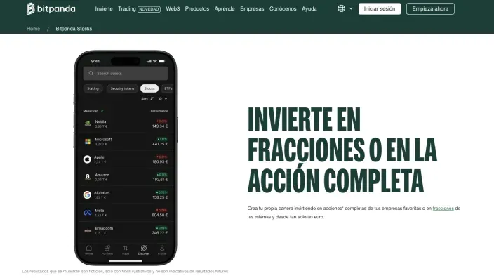 Interfaz de Bitpanda Stocks mostrando cómo invertir en fracciones de acciones o acciones completas.
