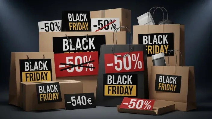 Bolsas de la compra y cajas con carteles de descuentos del 50% por el Black Friday