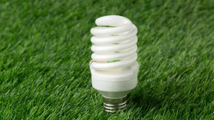 Bombilla de bajo consumo tipo espiral colocada sobre césped verde, símbolo de eficiencia energética y sostenibilidad.