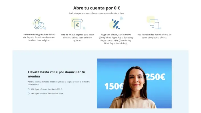 Promoción de cuenta online CaixaBank con 250 euros de regalo por domiciliar nómina y tarjeta gratis.
