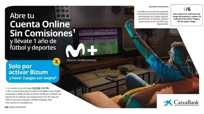 Promoción de cuenta online sin comisiones de CaixaBank con un año de fútbol en Movistar Plus por activar Bizum.