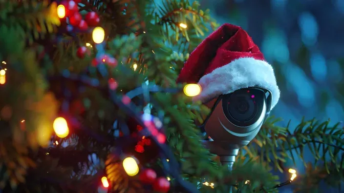 Cámara de vigilancia exterior captando a un intruso encapuchado acercándose a una propiedad.