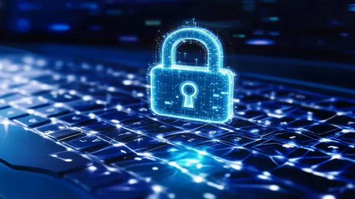 Candado digital azul sobre un teclado