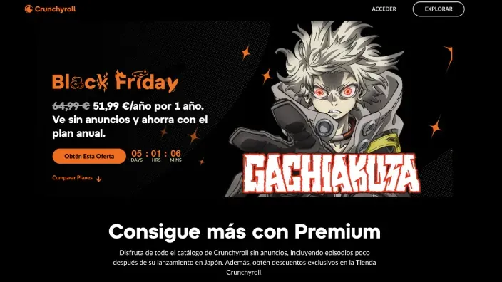 Oferta Black Friday Crunchyroll plan anual Mega Fan por 51,99 euros sin anuncios.