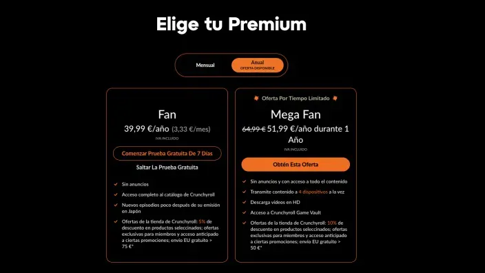 Comparativa planes de suscripción Crunchyroll Fan y Mega Fan con precios mensuales y anuales.